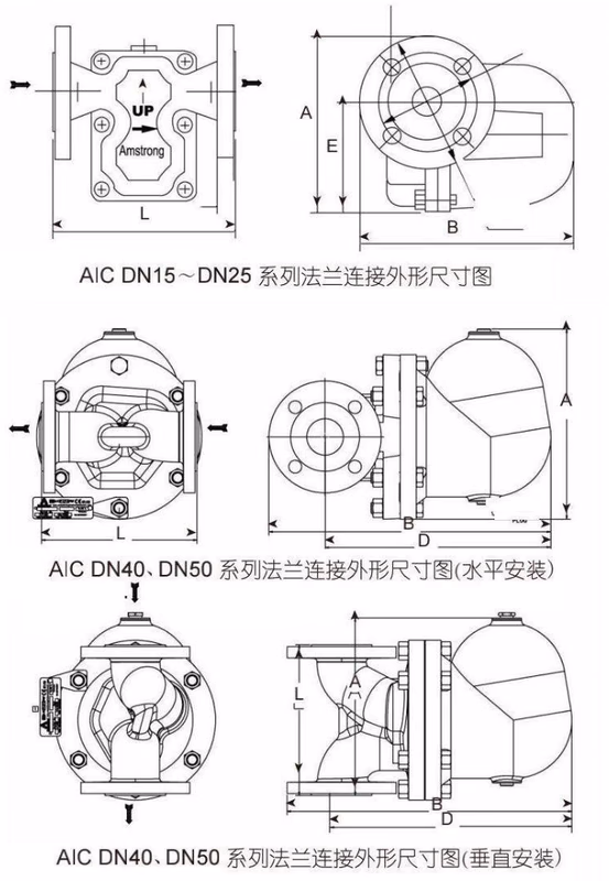 Armstrong AIC-F Flanged Float & Thermostatic Steam Trap - Dimension Drawing