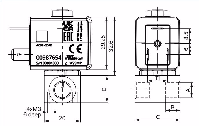 BURKERT 20016143 Type 7011 dimensions for threaded variant