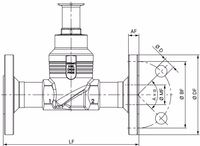Бюркерт BURKERT 20045572 Type 2301 габаритные размеры фланцевого корпуса DIN EN 1092-1
