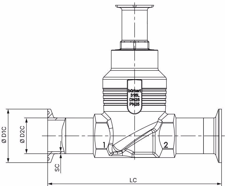 Burkert 20072334 Type 2101 body with clamp connection dimensions
