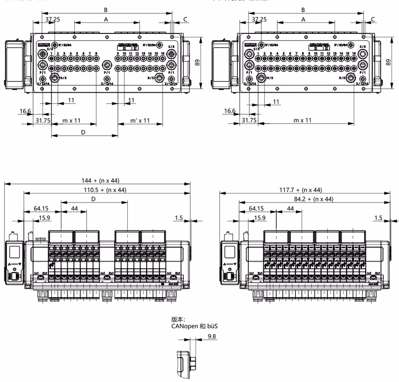 宝德 BURKERT 20077187 8652 型 16、20 和 24 阀槽版本外形尺寸