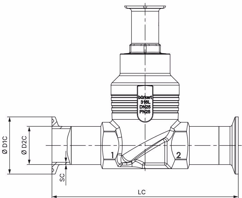 Бюркерт (BURKERT) 20089126 Type 2961 размеры корпуса с соединением Clamp