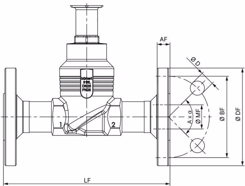 Burkert 20095089 body with flange connection dimensions