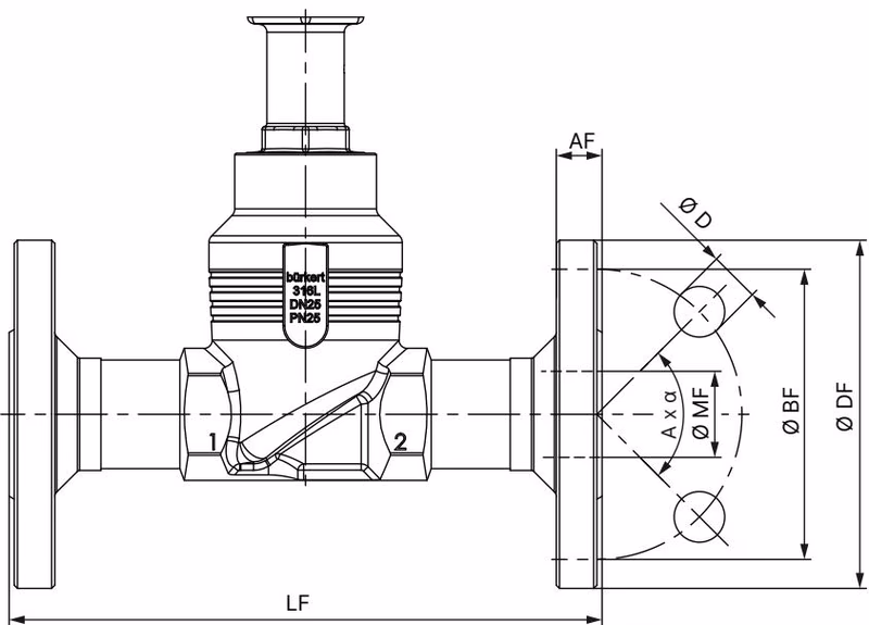 BURKERT 20099875 Type 2961 body with flange connection dimensions