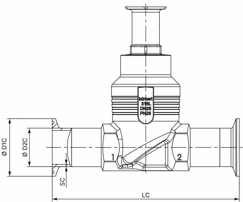 宝德 BURKERT 20111677 宝德 (Burkert) 2921 型带卡箍接口的阀体尺寸