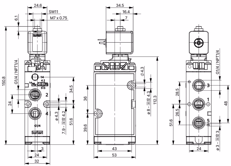 宝德 BURKERT 20127897 6519 型带 C 型插头尺寸图