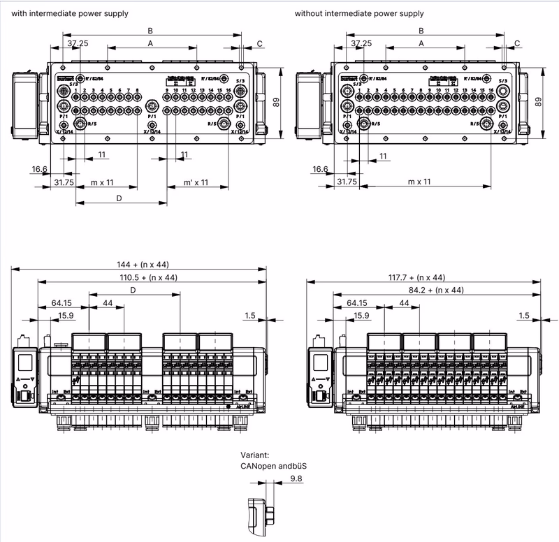 BURKERT 20135147 Type 8652 dimensional drawing for 24-fold valve island with intermediate supply