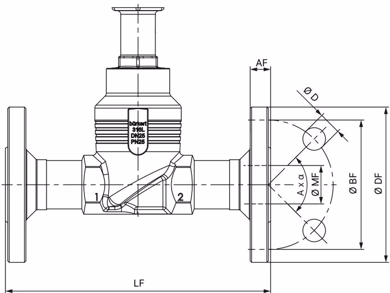 BURKERT 20137167 Type 3361 body with flange connection dimensions