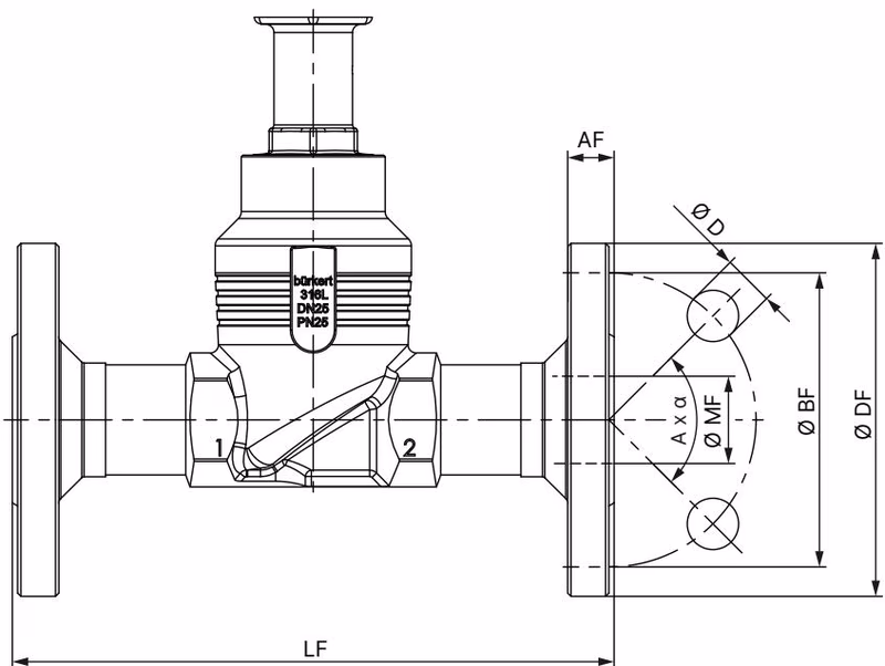 Bürkert 322149 Type 3321 body with flange connection dimensions