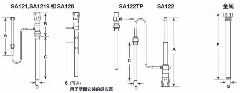 斯派莎克 Spirax Sarco SA121/SA122/SA128/SA1219 自作用式温度控制系统 - 尺寸图