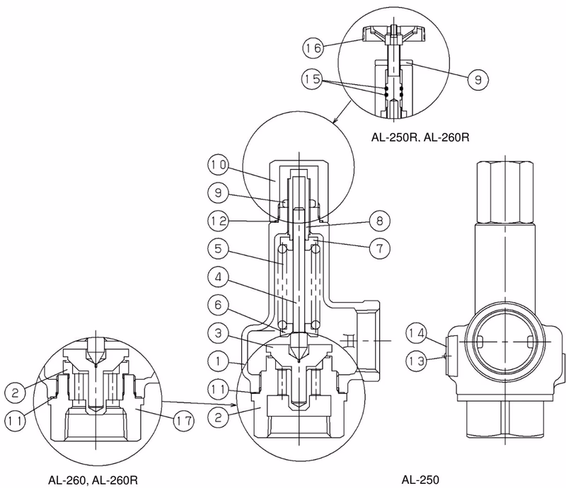 Yoshitake AL-260R relief valve structure and parts diagram