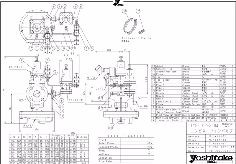 Yoshitake CP-2004 flanged connection combination valve dimensional drawing